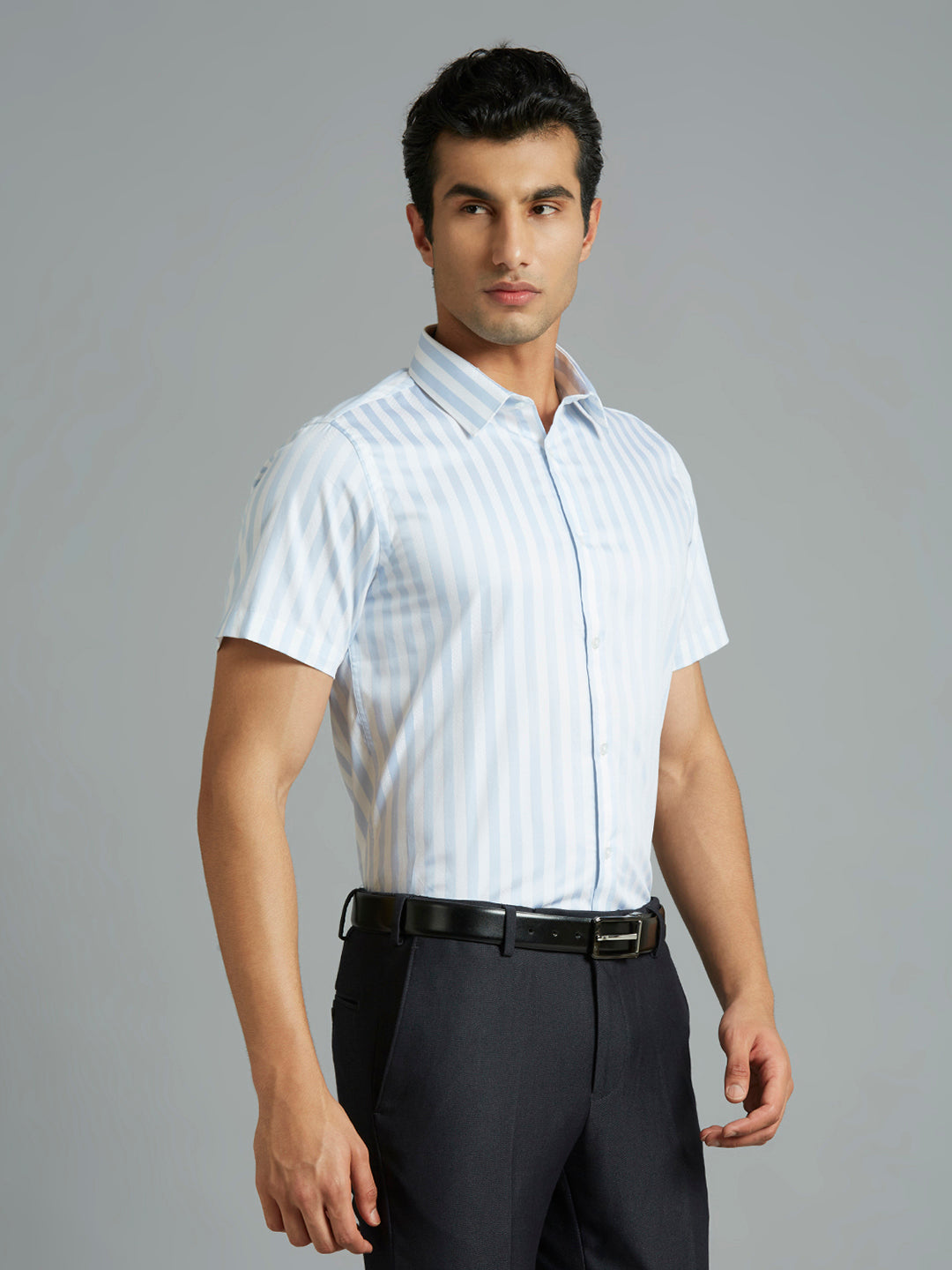 White & Sky Stripe 100% Cotton Slim Fit Formal Half Sleeve Shirt