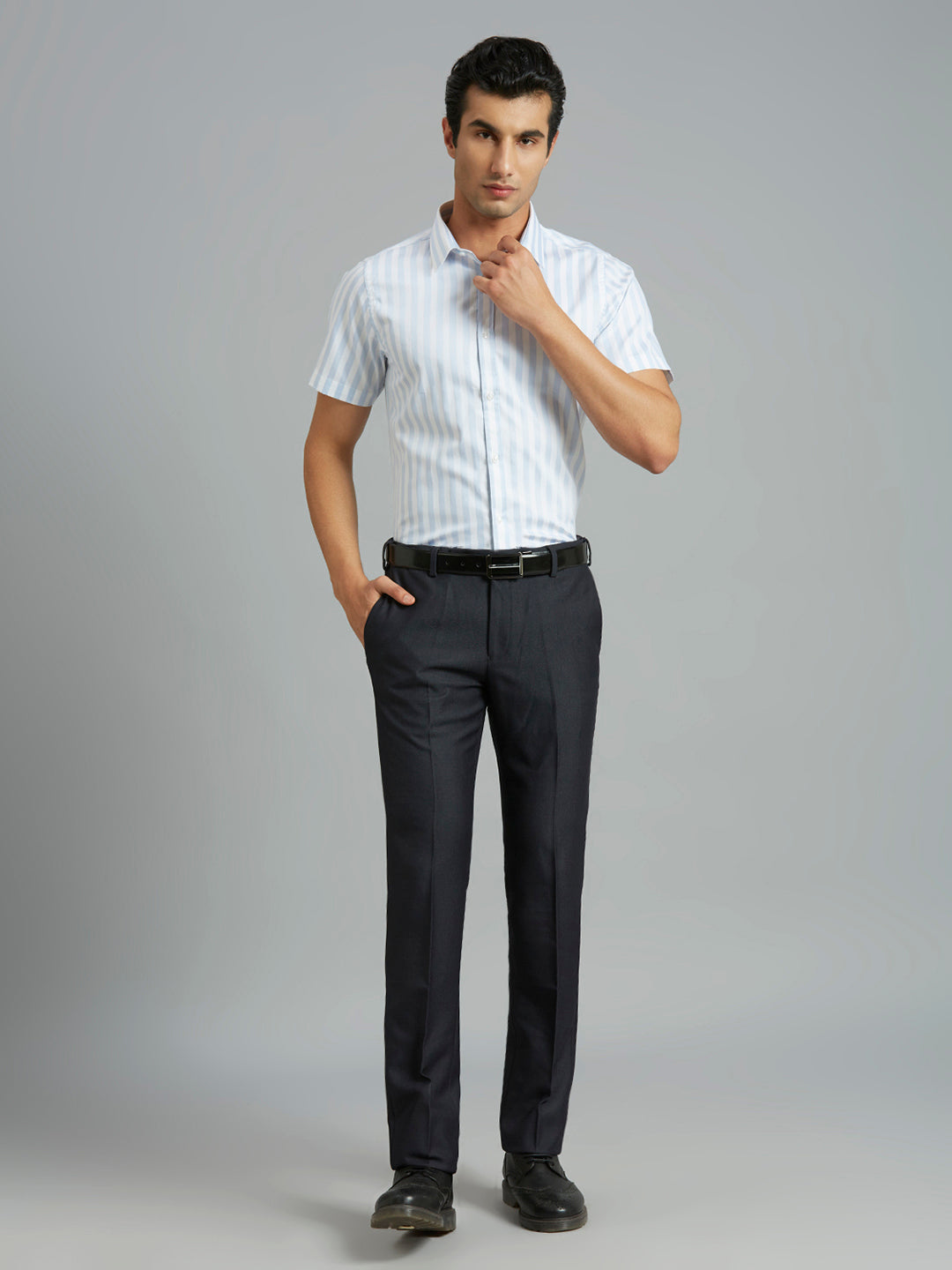 White & Sky Stripe 100% Cotton Slim Fit Formal Half Sleeve Shirt