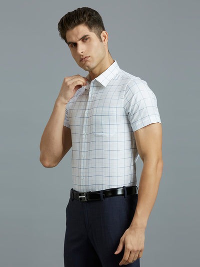 Men's Pure Cotton Checks Regular Fit Half Sleeve Formal Shirt - White & Blue