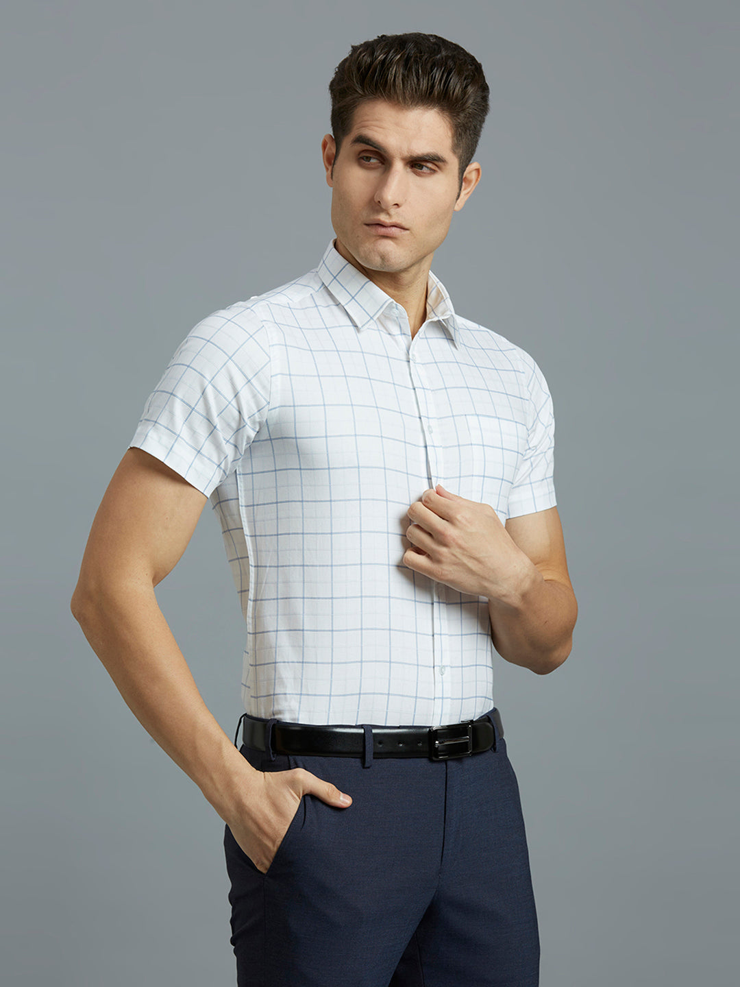 White & Sky Checks 100% Cotton Regular Fit Formal Half Sleeve Shirt