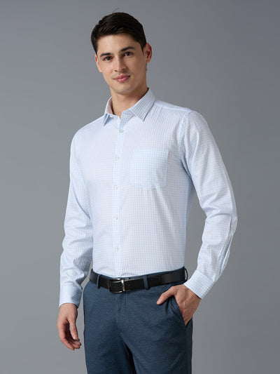 Men's Pure Cotton Checks Regular Fit Full Sleeve Formal Shirt - White & Blue