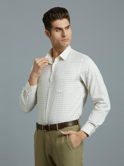 Men's Pure Cotton Checks Slim Fit Full Sleeve Formal Shirt - White & Green