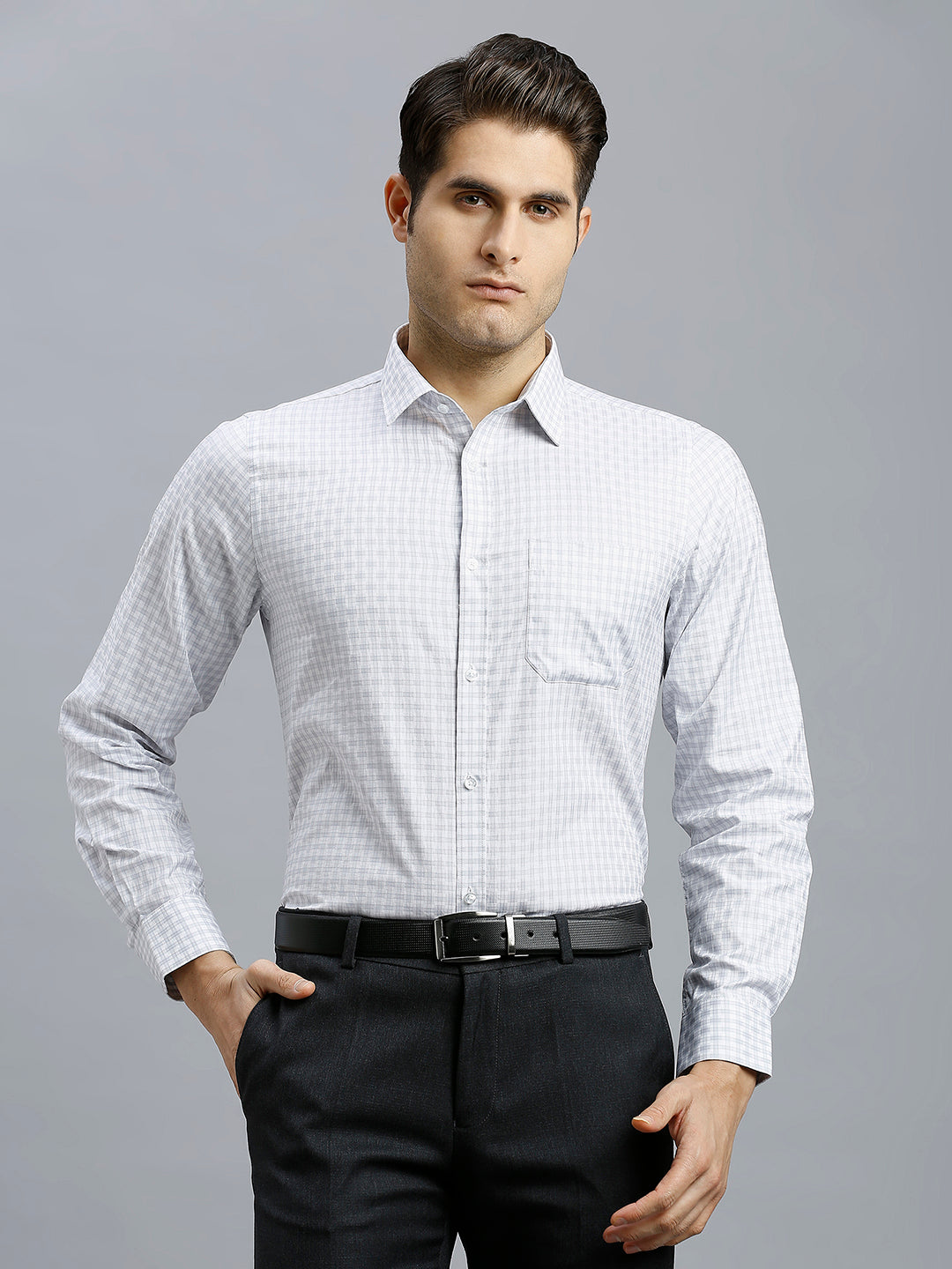 White & Grey Checks 100% Cotton Slim Fit Formal Full Sleeve Shirt