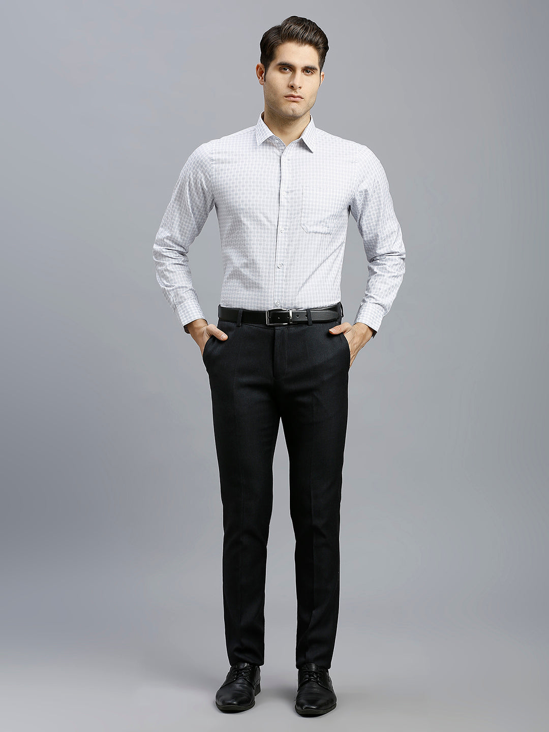 White & Grey Checks 100% Cotton Slim Fit Formal Full Sleeve Shirt