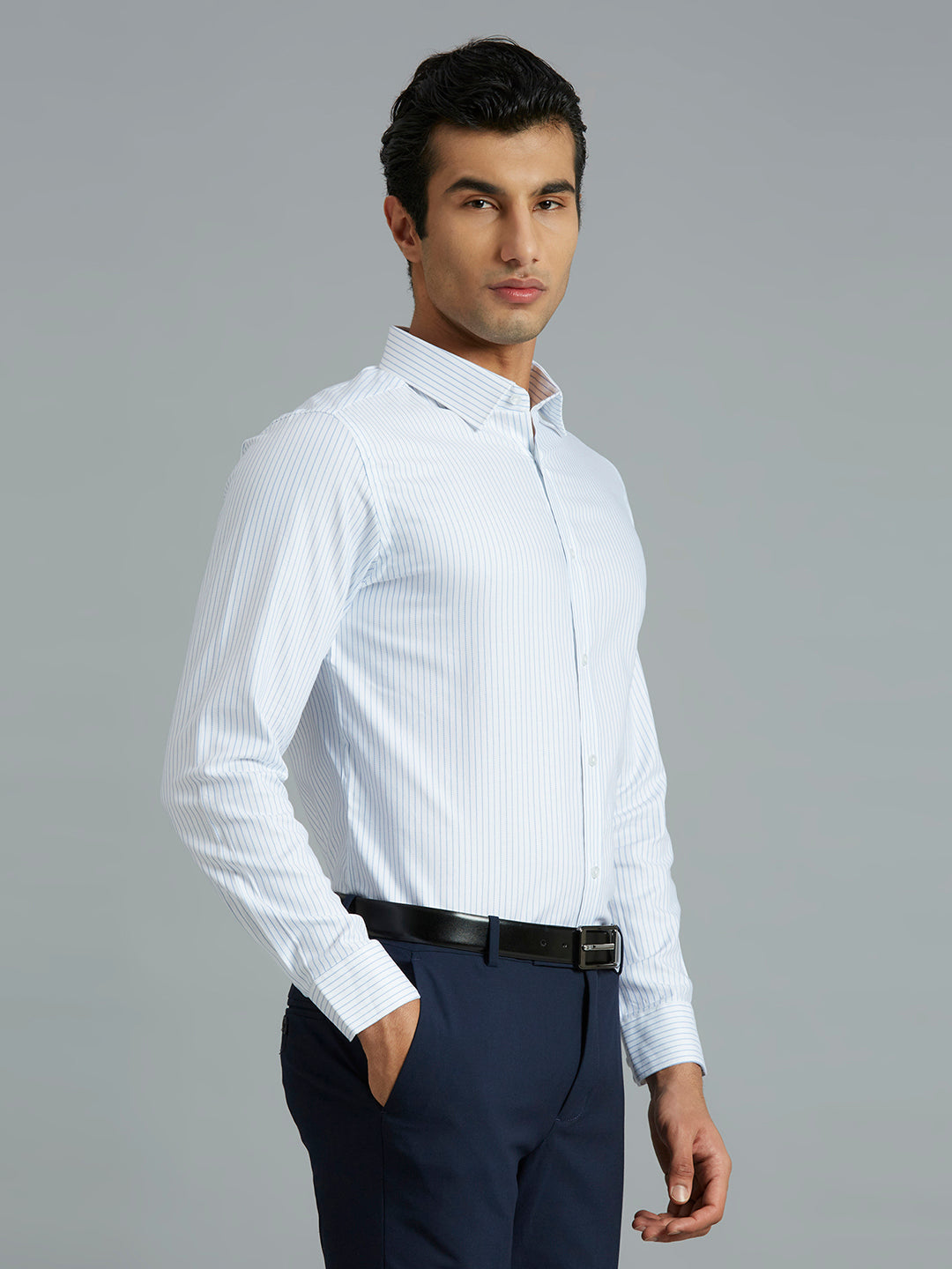 White & Blue Stripe 100% Cotton Slim Fit Formal Full Sleeve Shirt