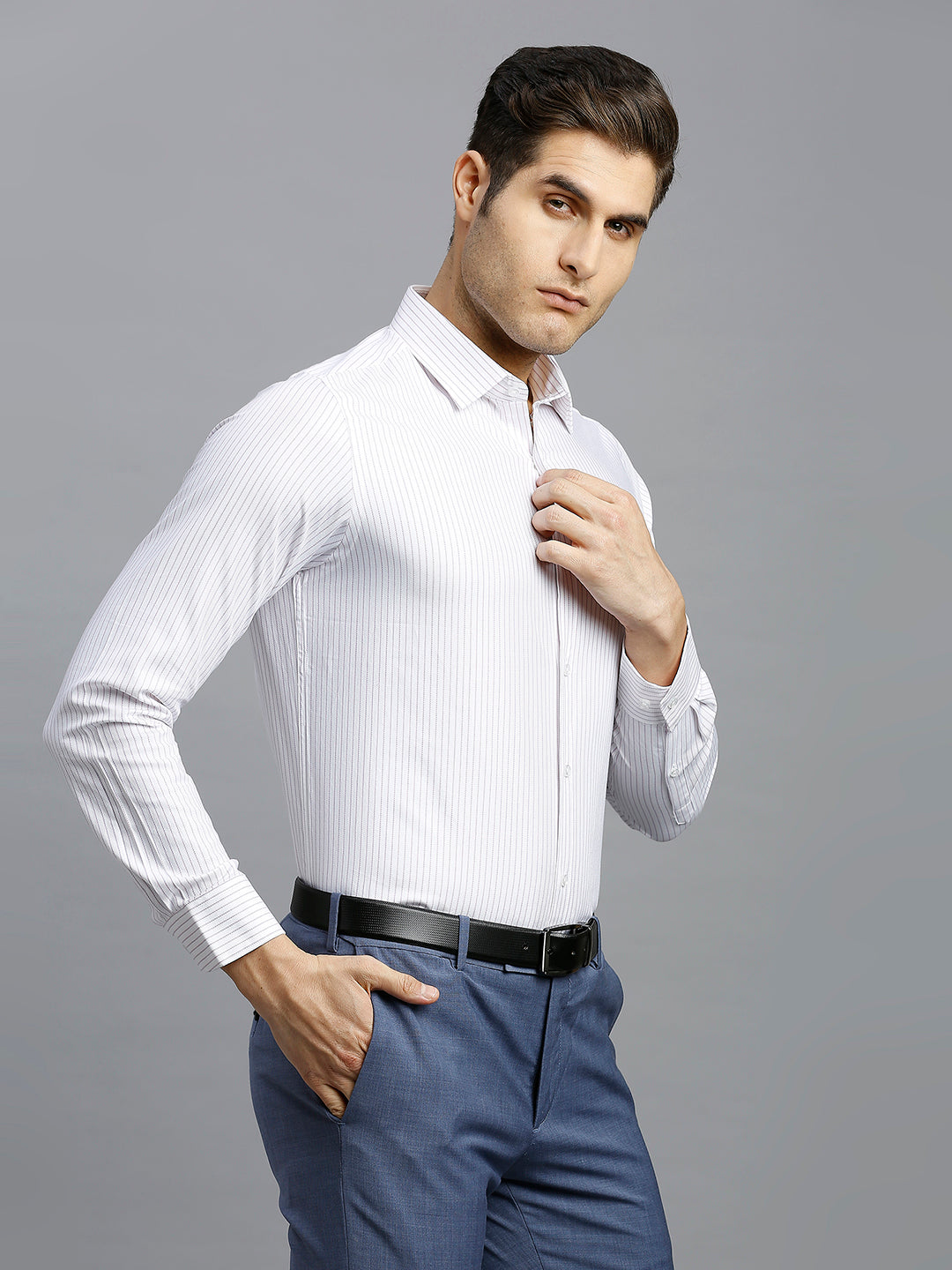 White & Pink & Blue Stripe 100% Cotton Slim Fit Formal Full Sleeve Shirt