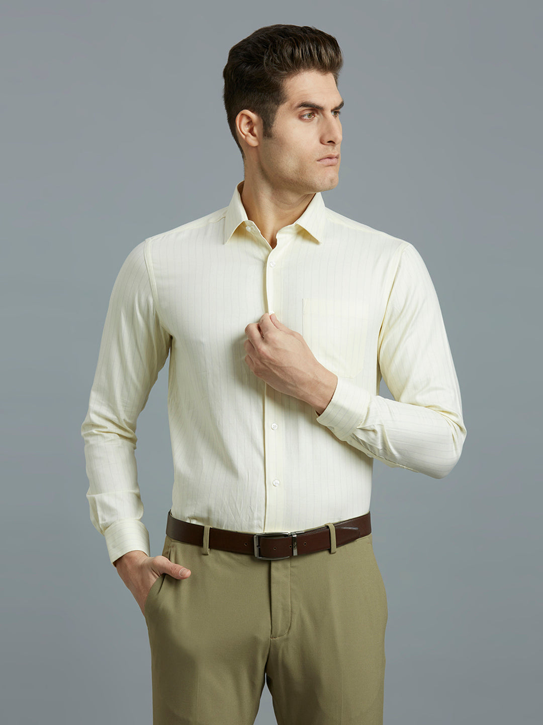 White & Yellow Dobby Stripe 100% Cotton Regular Fit Formal Full Sleeve Shirt
