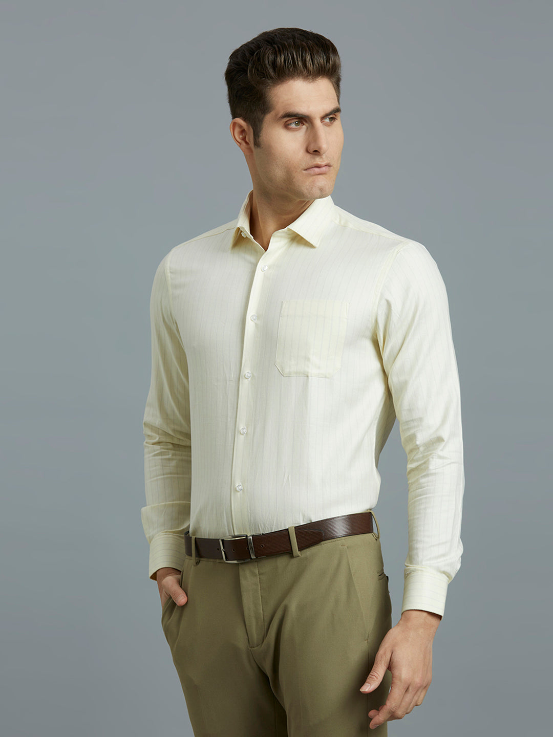 White & Yellow Dobby Stripe 100% Cotton Regular Fit Formal Full Sleeve Shirt