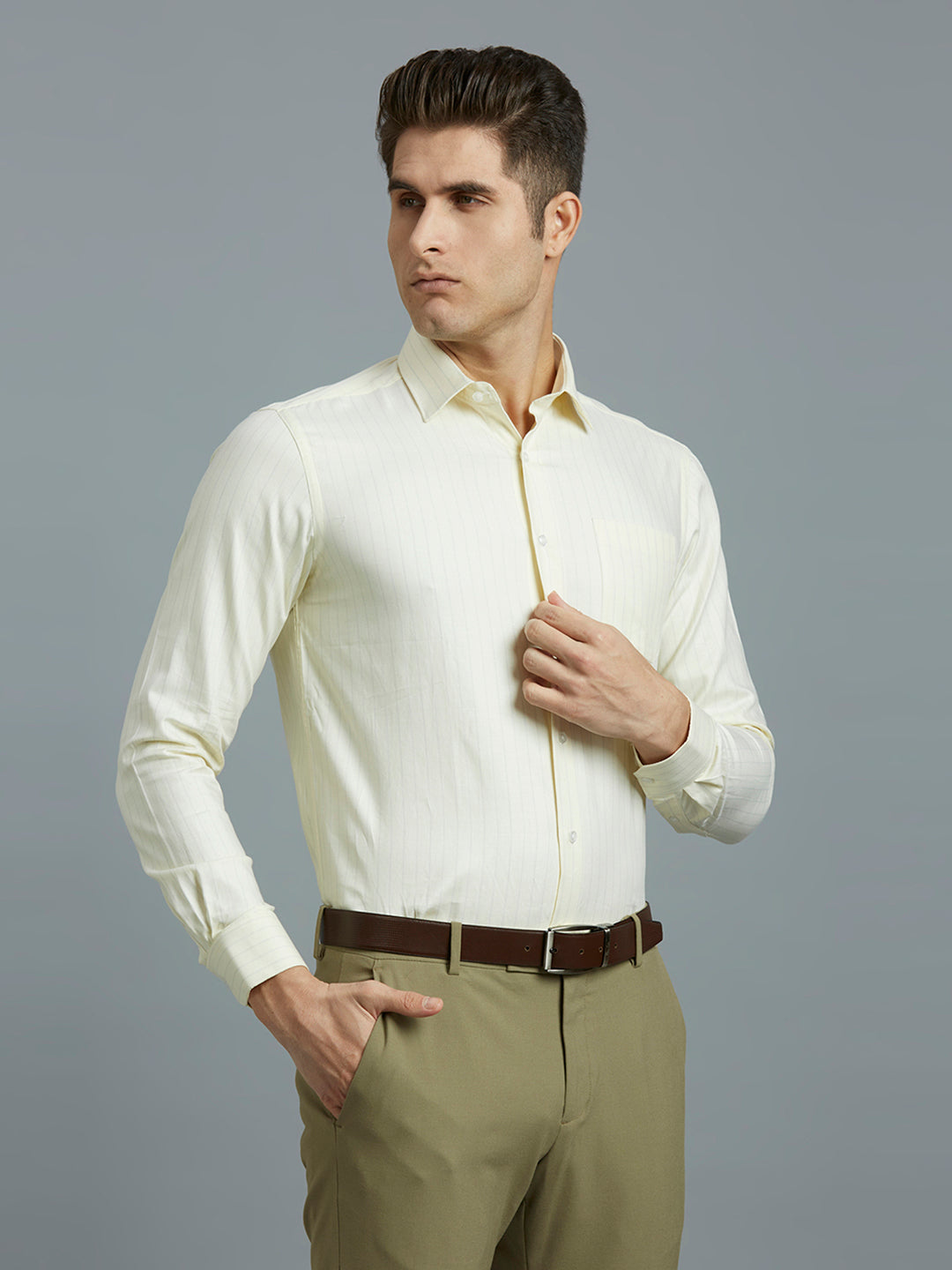 White & Yellow Dobby Stripe 100% Cotton Regular Fit Formal Full Sleeve Shirt