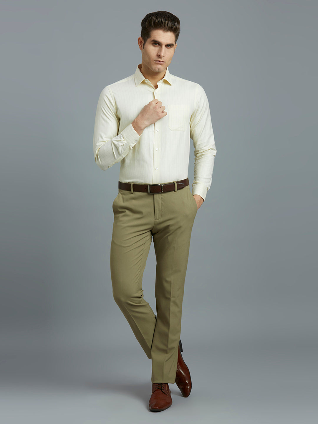 White & Yellow Dobby Stripe 100% Cotton Regular Fit Formal Full Sleeve Shirt