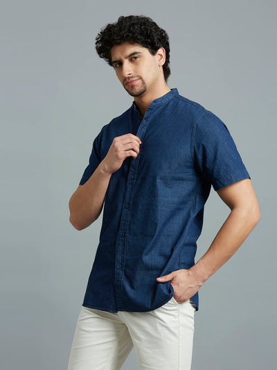 Men's Pure Cotton Denim Slim Fit Half Sleeve Casual Shirt - Dark Blue