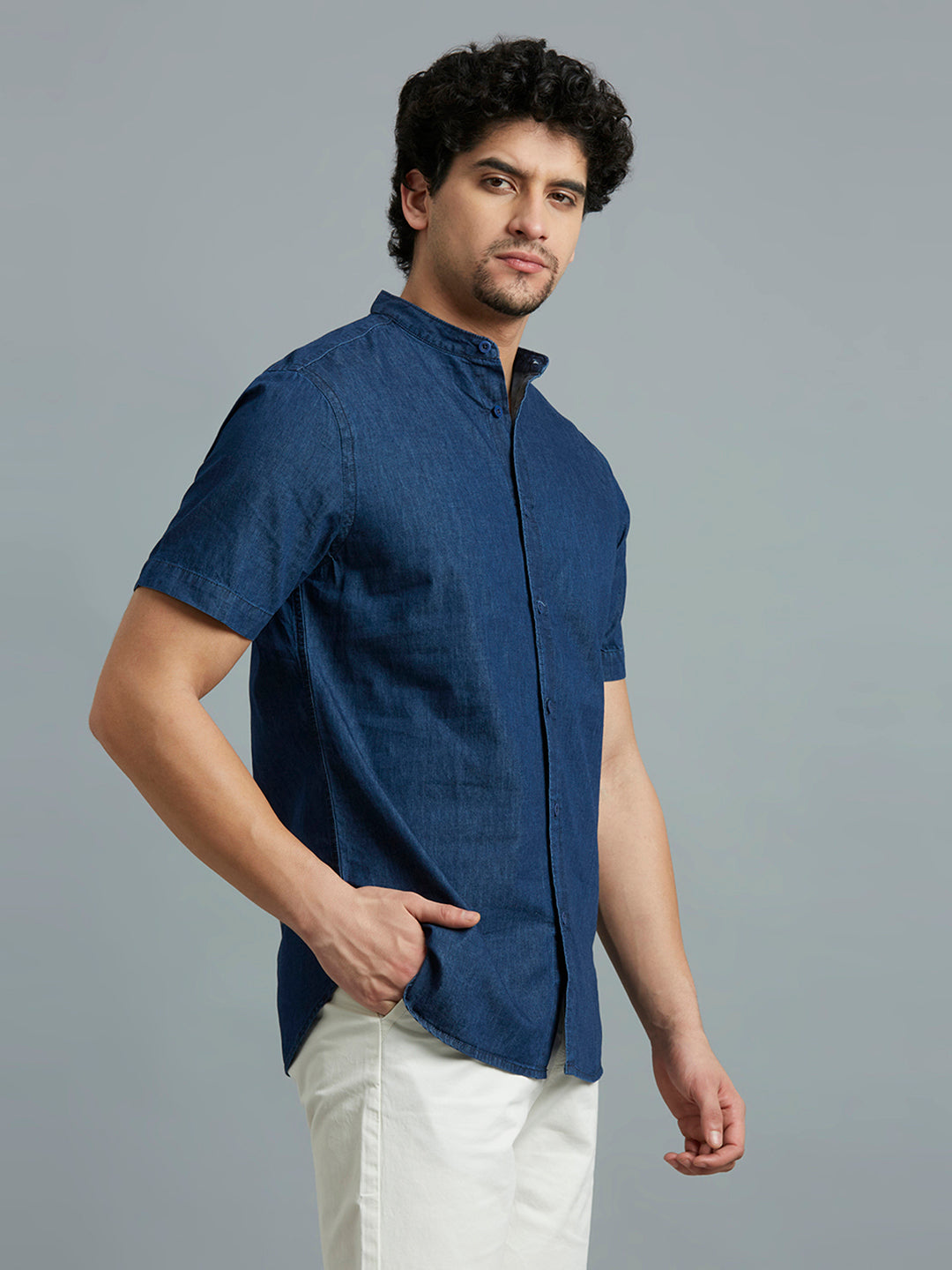 Dark Blue Denim 100% Cotton Slim Fit Casual Half Sleeve Shirt