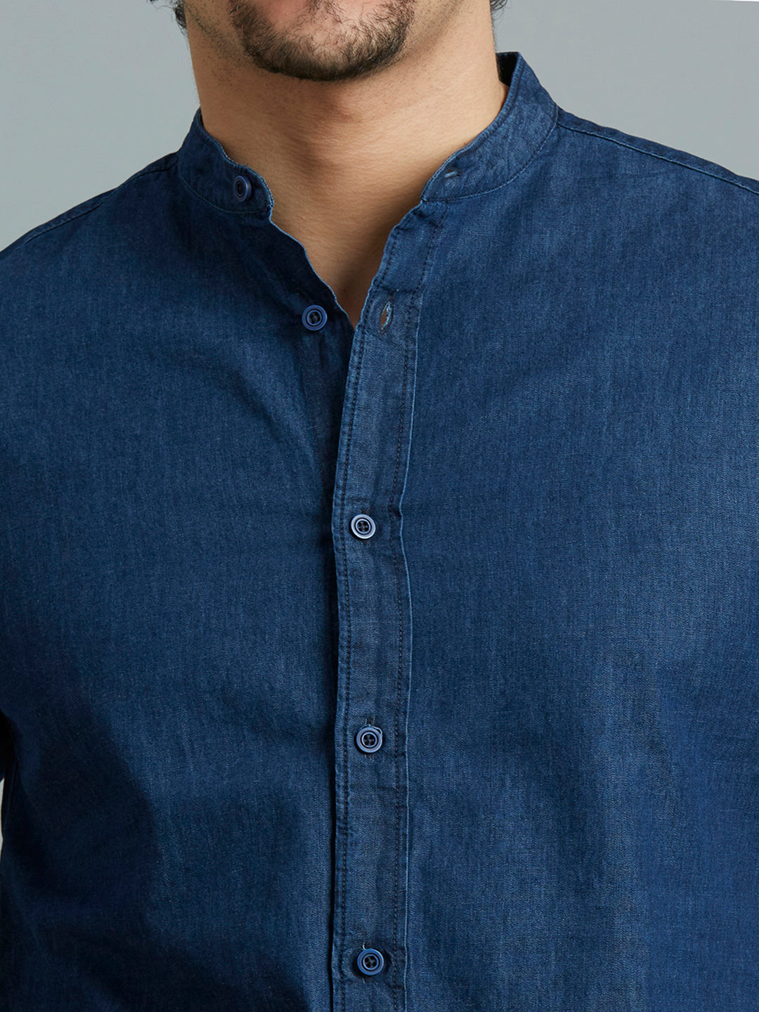Dark Blue Denim 100% Cotton Slim Fit Casual Half Sleeve Shirt