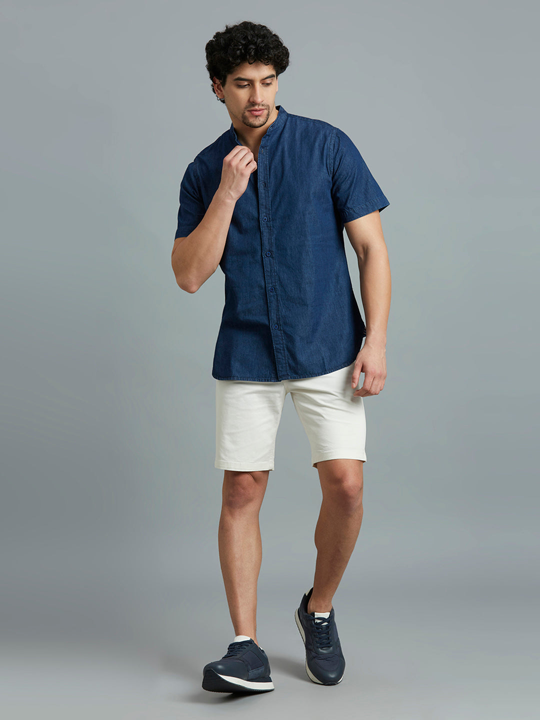 Dark Blue Denim 100% Cotton Slim Fit Casual Half Sleeve Shirt