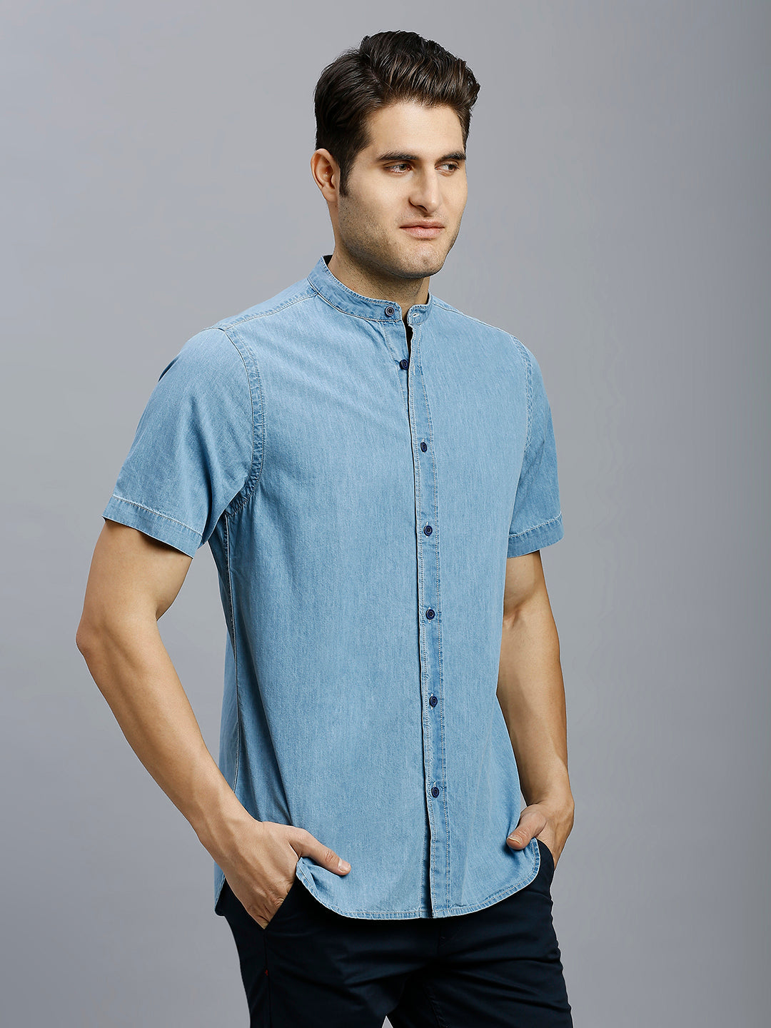 Light Blue Denim 100% Cotton Slim Fit Casual Half Sleeve Shirt