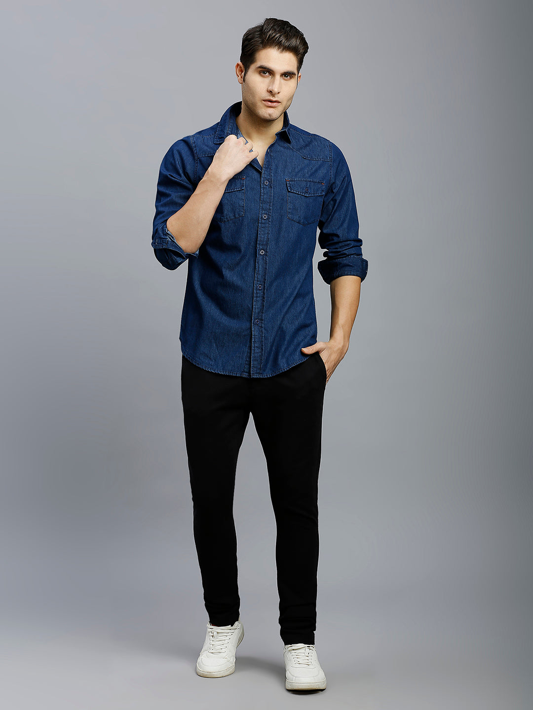 Premium Best Dark Blue Denim 100% Cotton Slim Fit Casual Full Sleeve Shirt