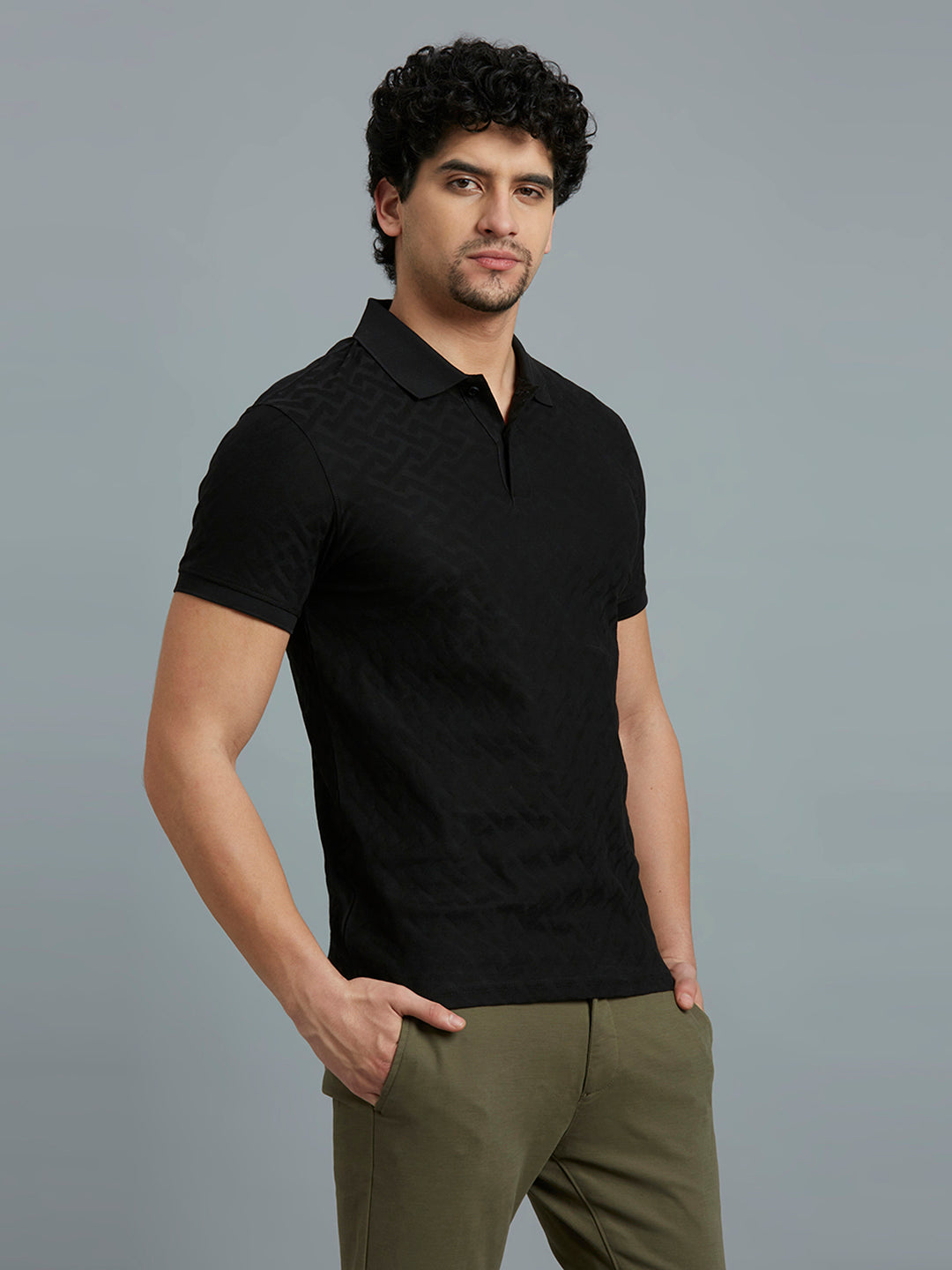Black Jacquard 100% Cotton Slim Fit Casual Half Sleeve T-Shirt