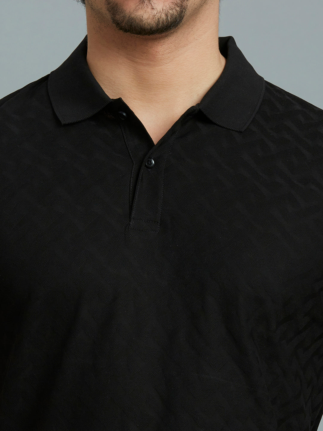 Black Jacquard 100% Cotton Slim Fit Casual Half Sleeve T-Shirt