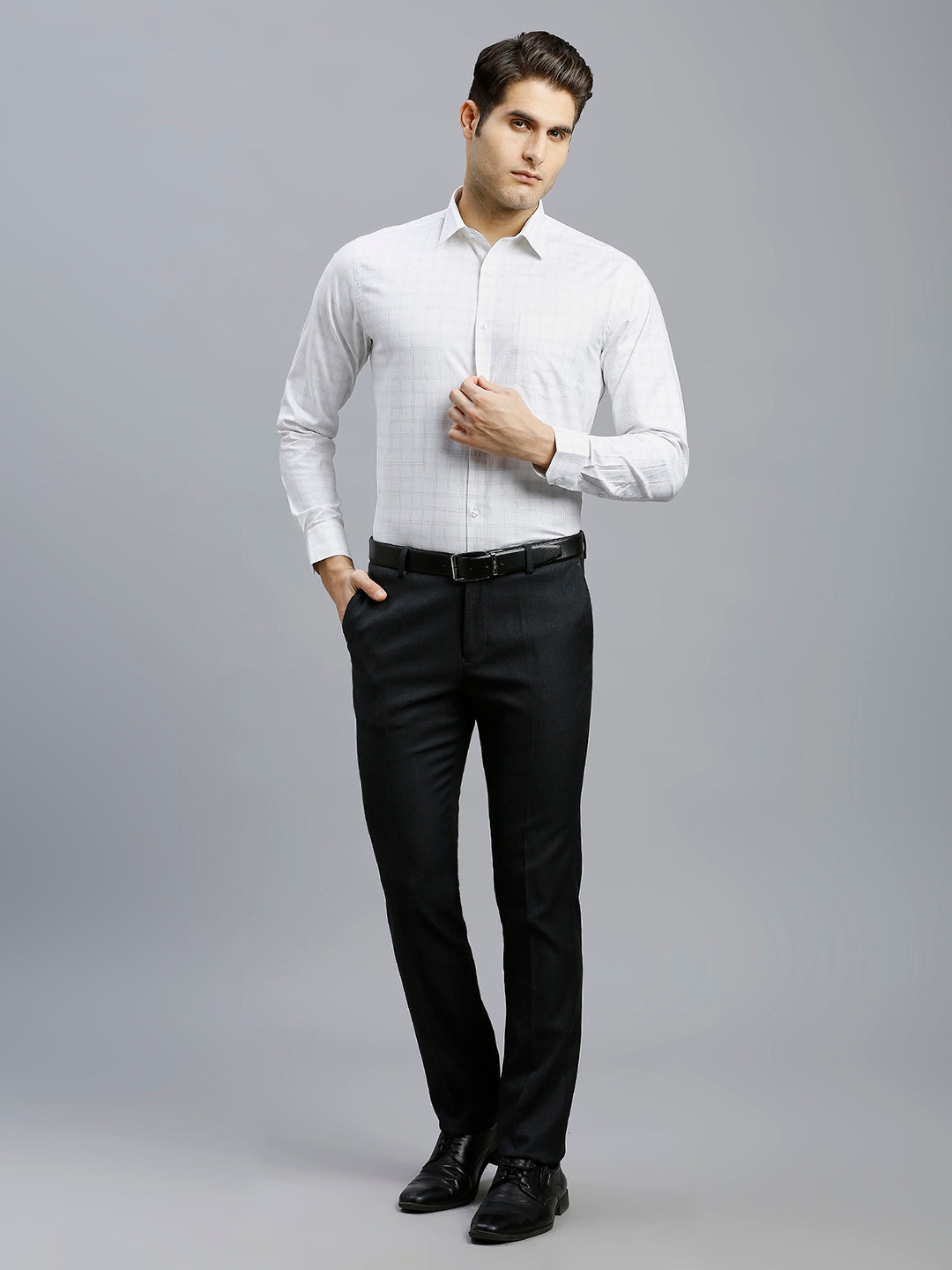 White & Grey Dobby Checks 100% Cotton Regular Fit Formal Full Sleeve Shirts