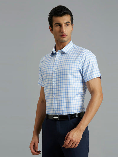Men's Pure Cotton Checks Slim Fit Half Sleeve Formal Shirt - White & Blue