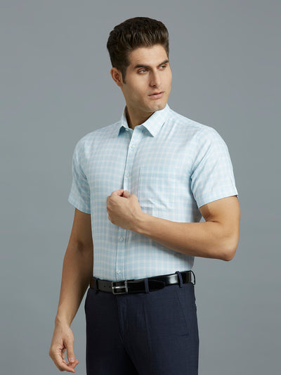 Men's Pure Cotton Dobby Checks Dobby Checks Regular Fit Half Sleeve Formal Shirt - White & Green