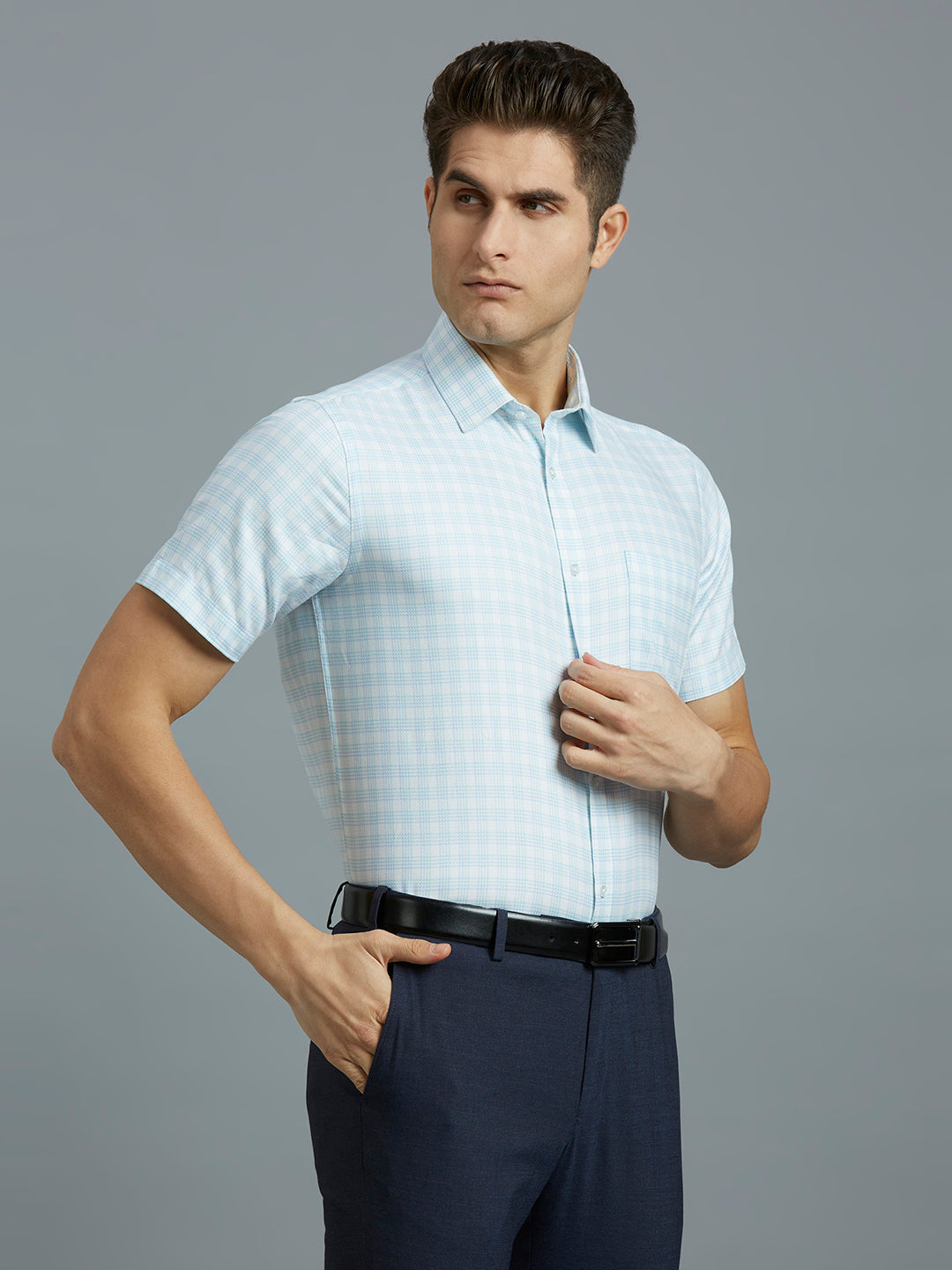 Green & Sky Dobby Checks 100% Cotton Regular Fit Formal Half Sleeve Shirt
