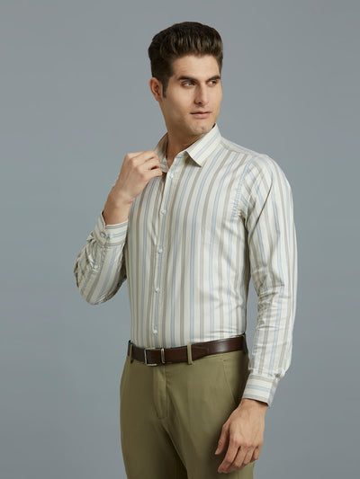 Men's Pure Cotton Stripe Slim Fit Full Sleeve Formal Shirt - White & Brown