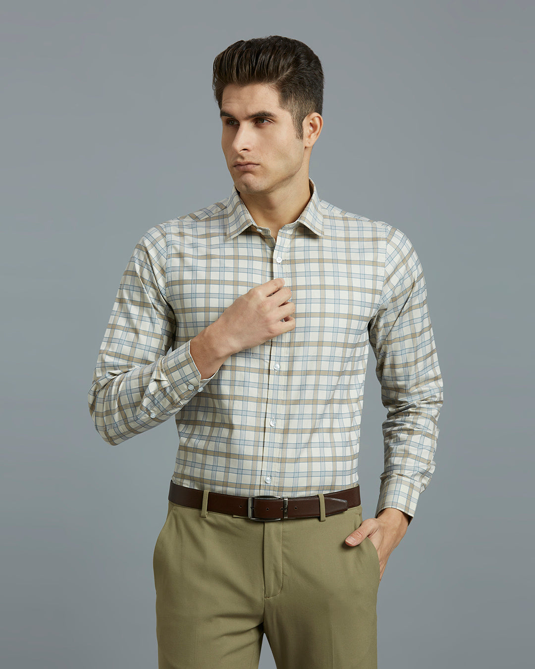 Brown & Grey Checks 100% Cotton Slim Fit Formal Full Sleeve Shirts