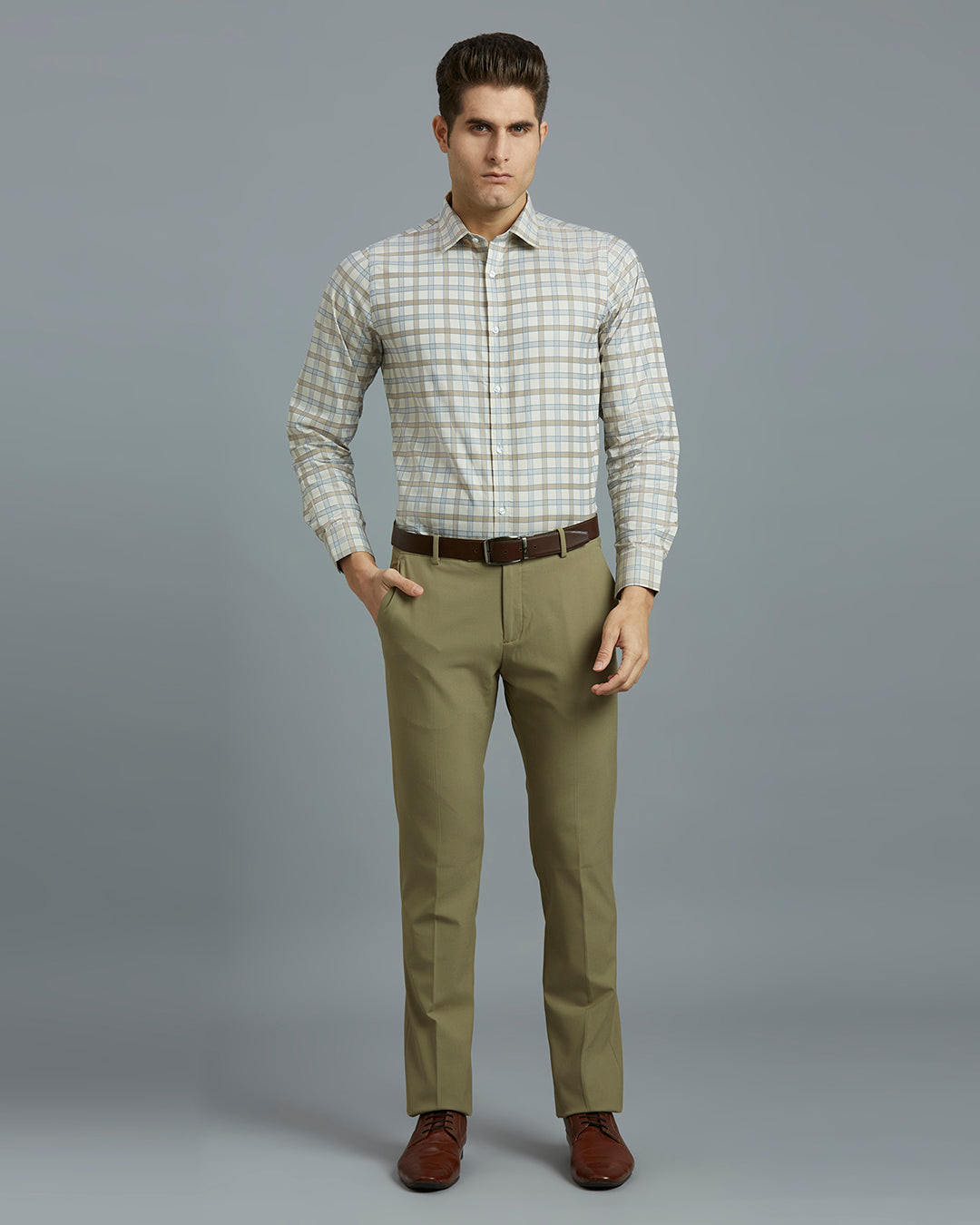 Brown & Grey Checks 100% Cotton Slim Fit Formal Full Sleeve Shirts