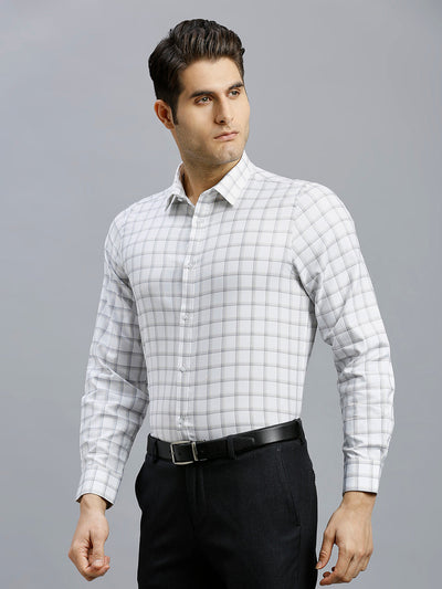 Men's Pure Cotton Dobby Checks Dobby Checks Slim Fit Full Sleeve Formal Shirt - White & Beige