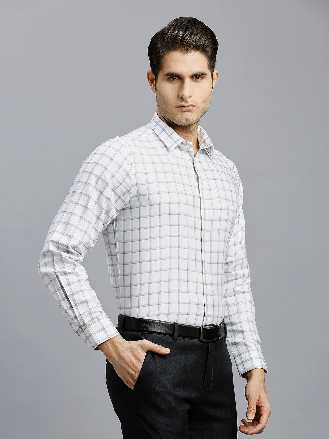 Beige & Grey Dobby Checks 100% Cotton Slim Fit Formal Full Sleeve Shirts