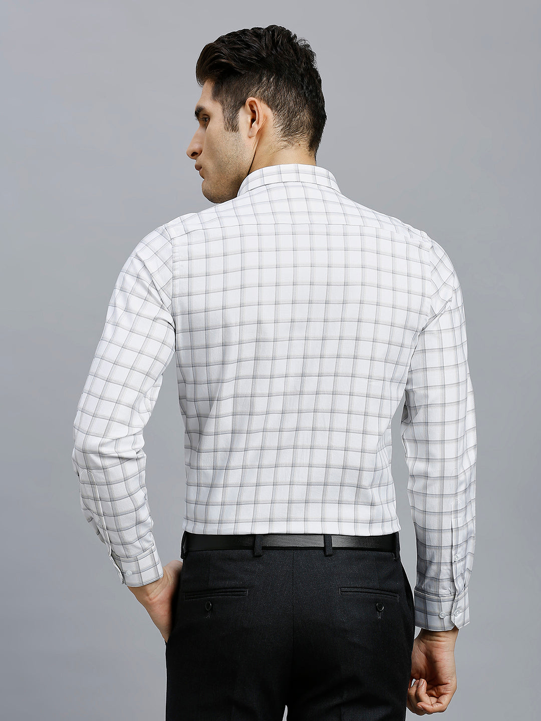 Beige & Grey Dobby Checks 100% Cotton Slim Fit Formal Full Sleeve Shirts