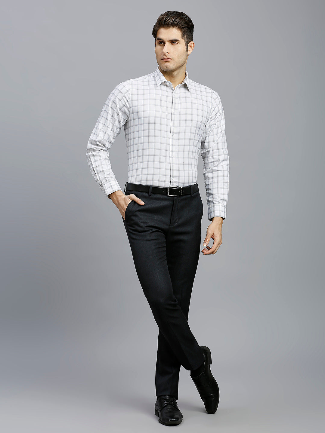 Beige & Grey Dobby Checks 100% Cotton Slim Fit Formal Full Sleeve Shirts