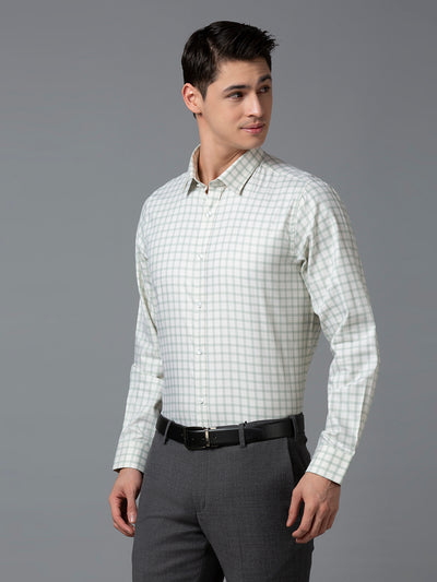 Men's Pure Cotton Dobby Checks Dobby Checks Slim Fit Full Sleeve Formal Shirt - White & Beige