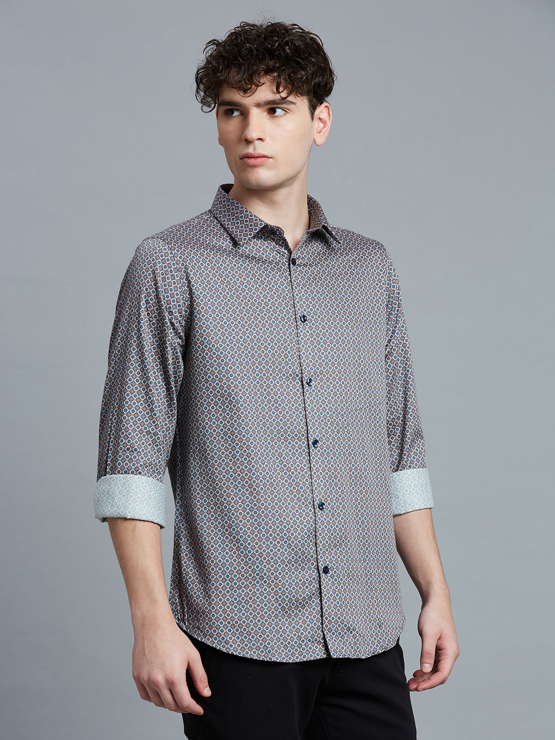 Cobalight Blue & White Printed 100% Cotton Slim Fit Casual Full Sleeve Shirt