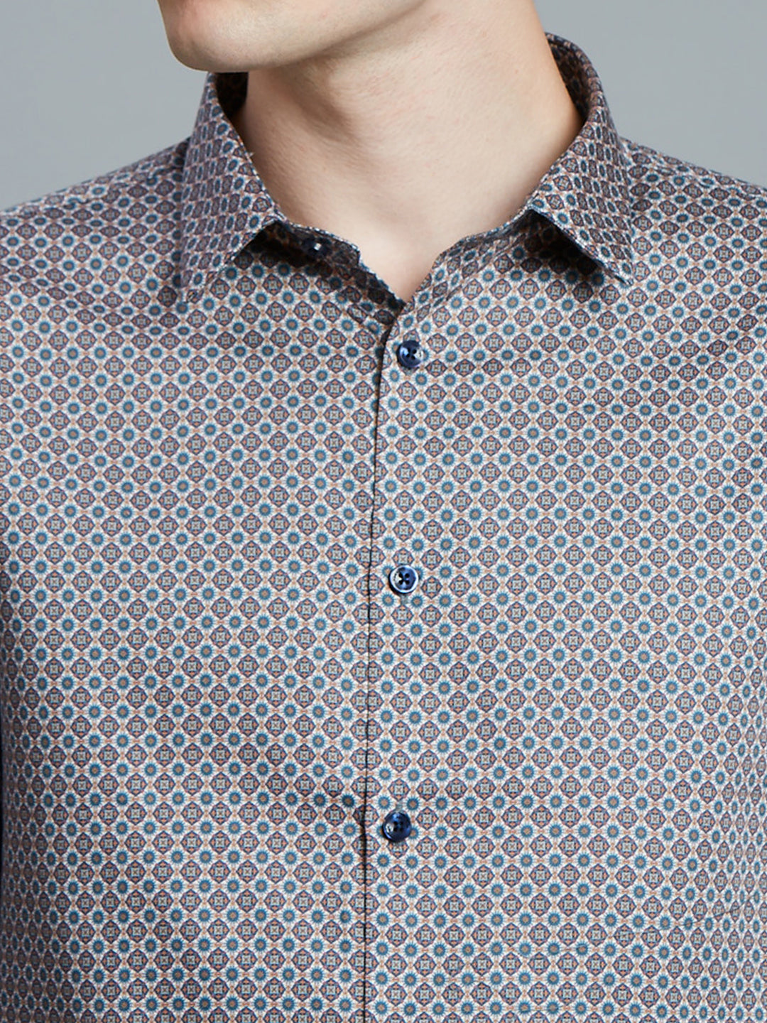 Cobalight Blue & White Printed 100% Cotton Slim Fit Casual Full Sleeve Shirt