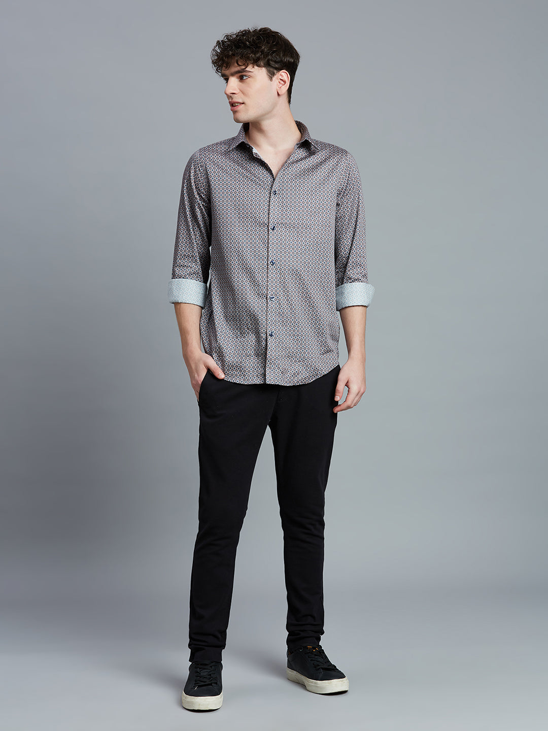 Cobalight Blue & White Printed 100% Cotton Slim Fit Casual Full Sleeve Shirt