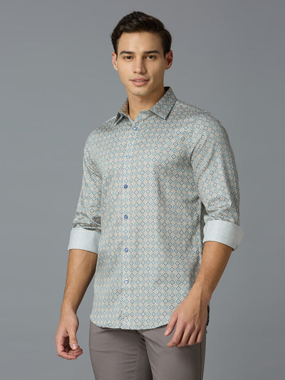 Men's Pure Cotton Printed Printed Slim Fit Full Sleeve Casual Shirt - White & Blue
