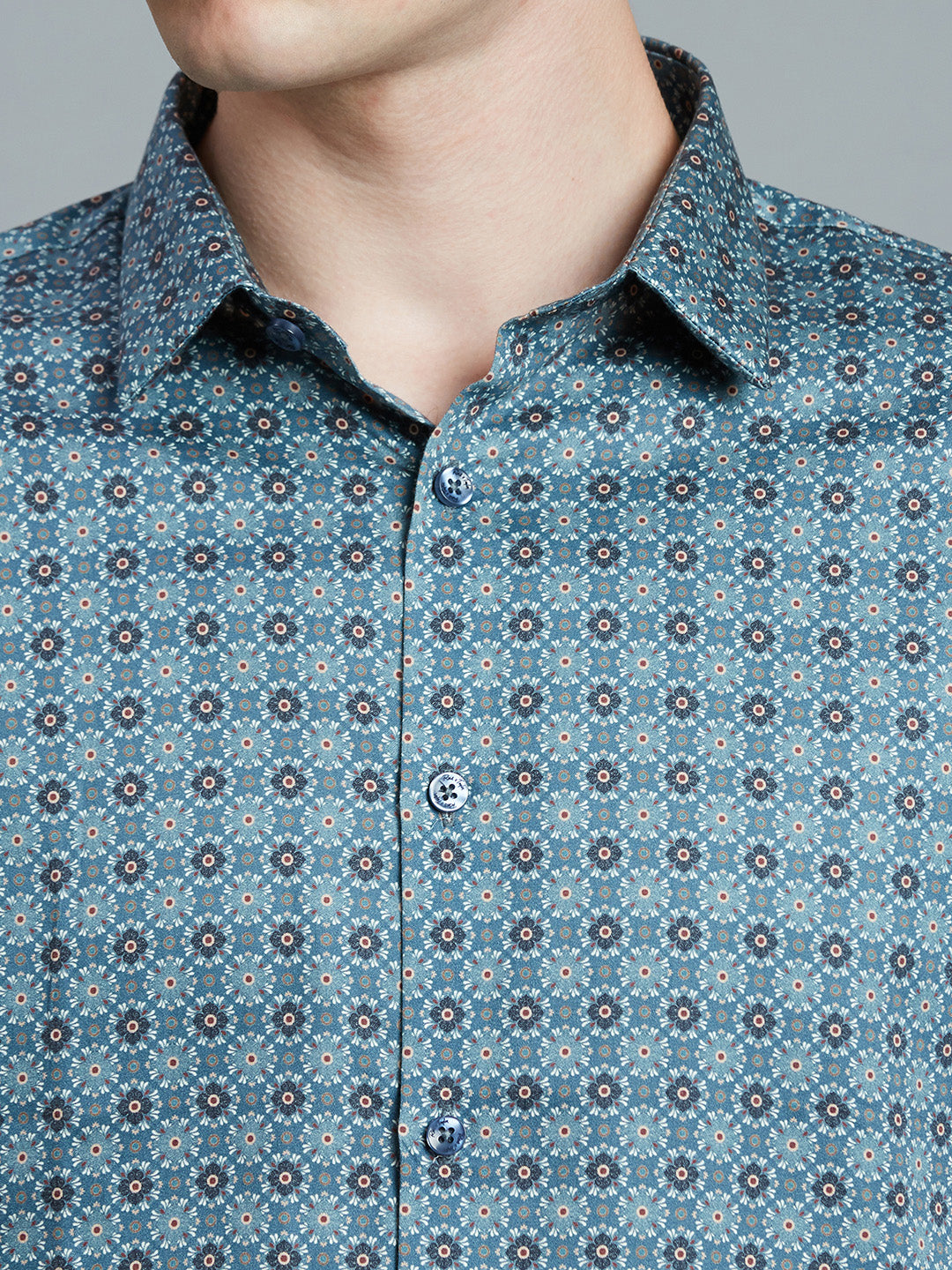 Blue Printed 100% Cotton Slim Fit Casual Full Sleeve Shirt