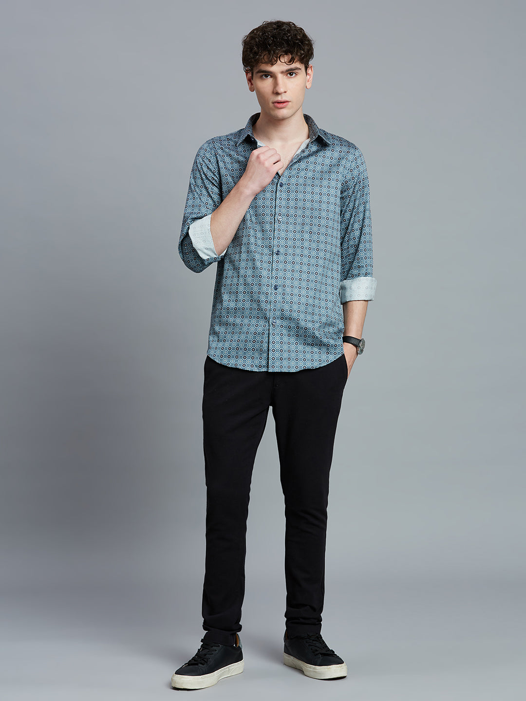 Blue Printed 100% Cotton Slim Fit Casual Full Sleeve Shirt