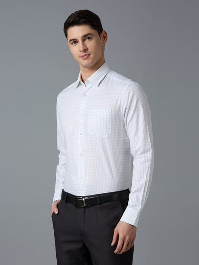 Men's Pure Cotton Checks Regular Fit Full Sleeve Formal Shirt - White & Blue