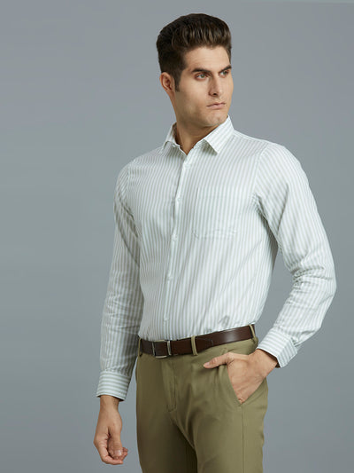 Men's Pure Cotton Dobby Stripe Dobby Stripe Slim Fit Full Sleeve Formal Shirt - White & Green