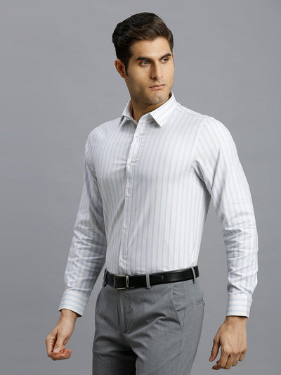 Men's Pure Cotton Dobby Checks Slim Fit Full Sleeve Formal Shirt - Off White & Blue