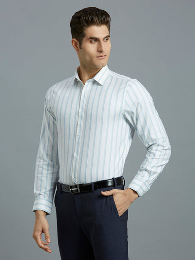 Men's Pure Cotton Dobby Stripe Dobby Stripe Slim Fit Full Sleeve Formal Shirt - White & Blue
