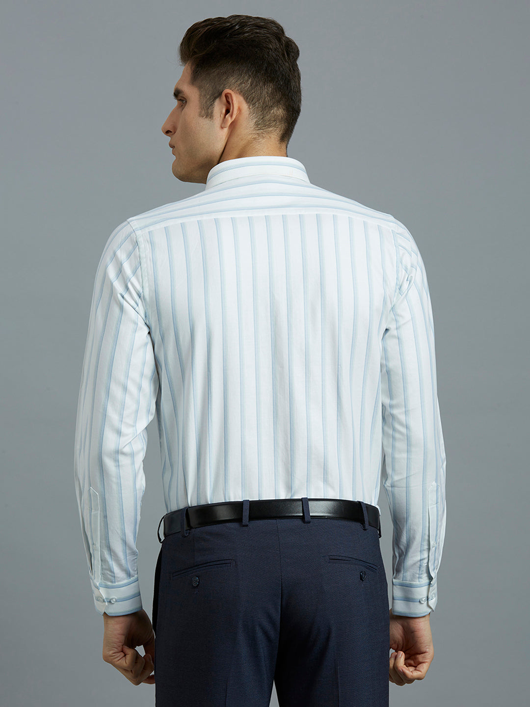 Classic White & Blue Dobby Stripe 100% Cotton Slim Fit Formal Full Sleeve Shirt