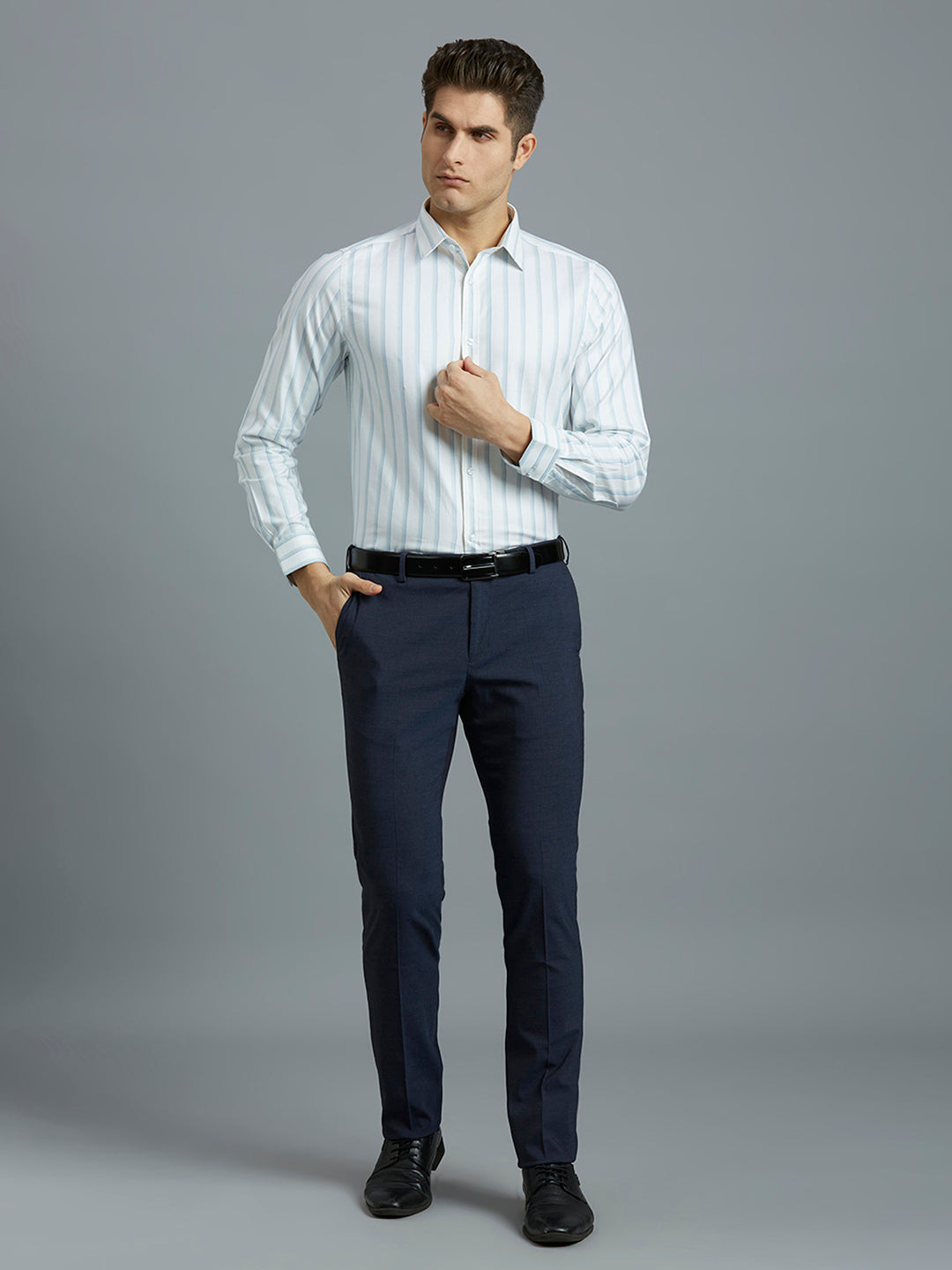 Classic White & Blue Dobby Stripe 100% Cotton Slim Fit Formal Full Sleeve Shirt