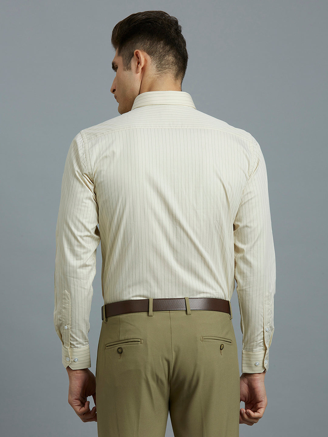 Beige & Green Stripe 100% Cotton Regular Fit Formal Full Sleeve Shirt