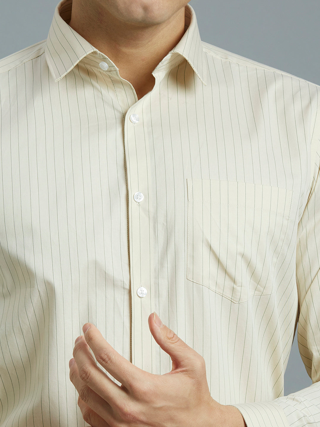 Beige & Green Stripe 100% Cotton Regular Fit Formal Full Sleeve Shirt
