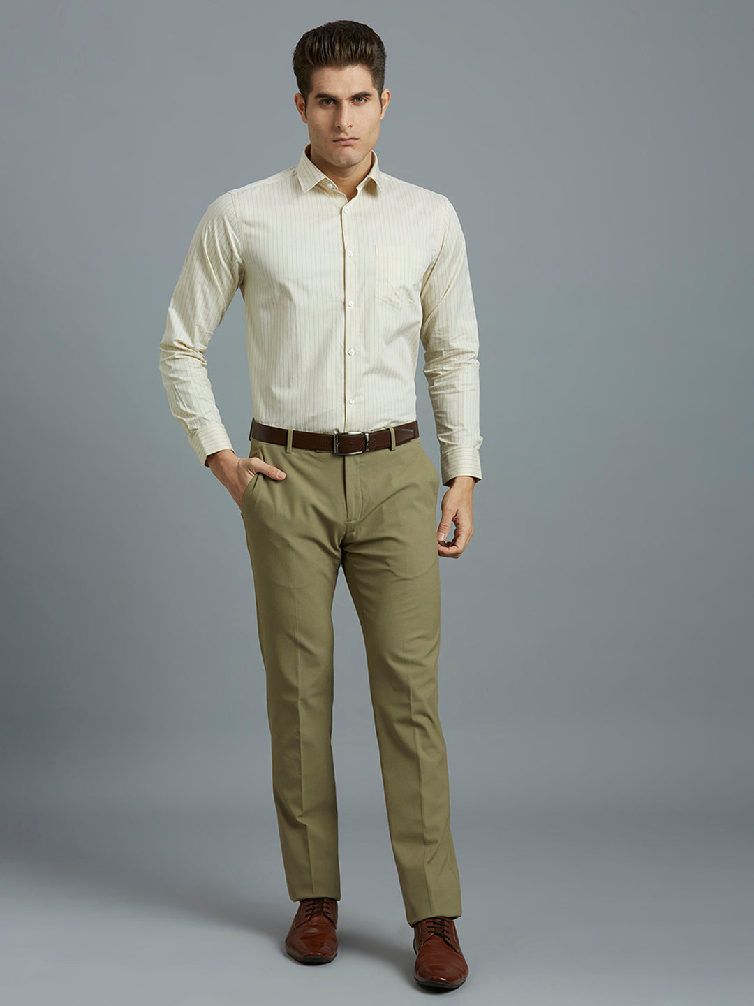 Beige & Green Stripe 100% Cotton Regular Fit Formal Full Sleeve Shirt