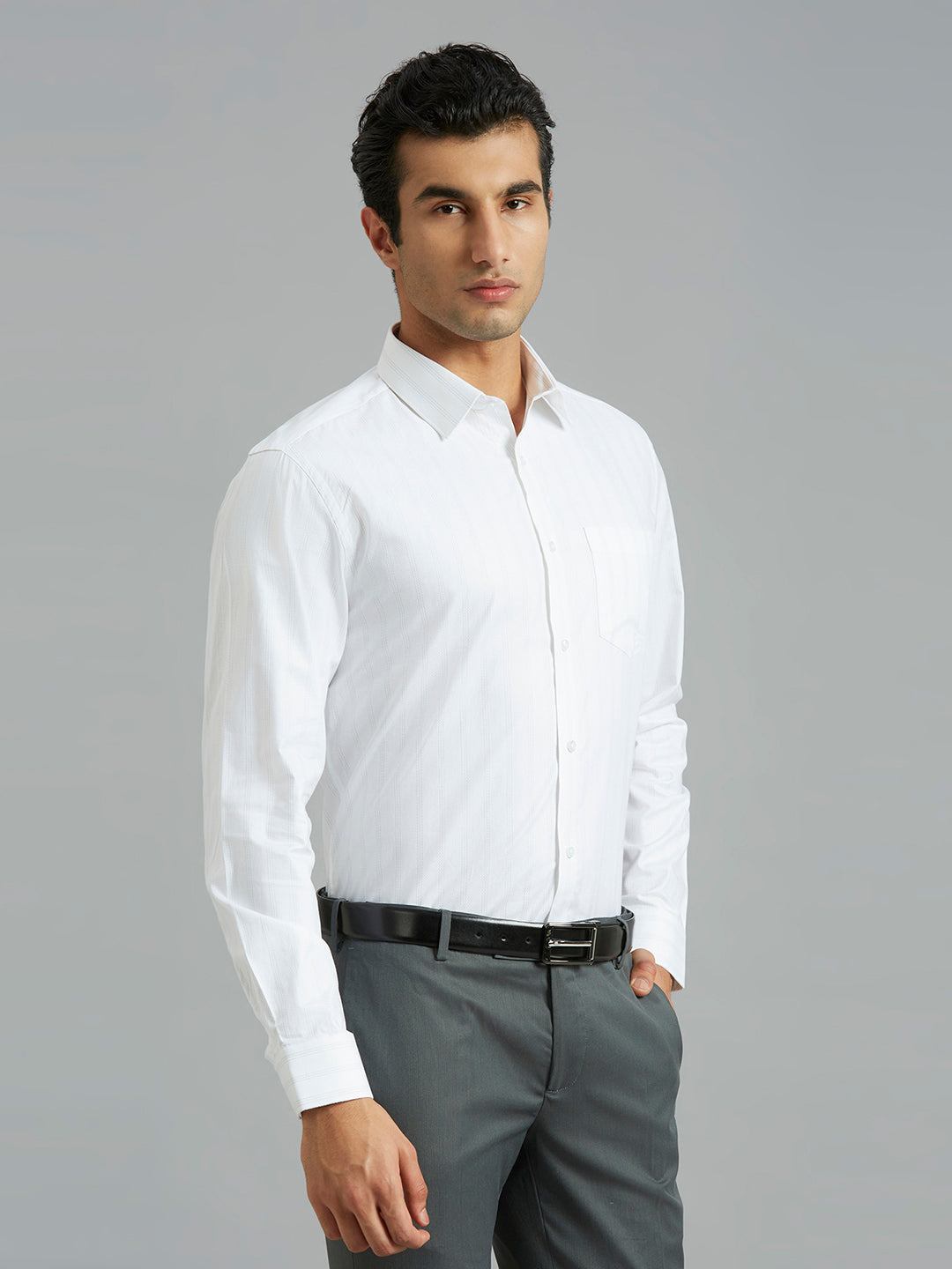 White & Grey Stripe 100% Cotton Regular Fit Formal Full Sleeve Shirt